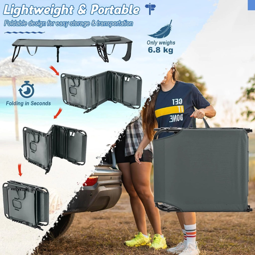 Lettino pieghevole per abbronzatura, con foro per il viso e cuscino estraibile, schienale e poggiapiedi regolabili, poltrona portatile per piscina e spiaggia (grigio)