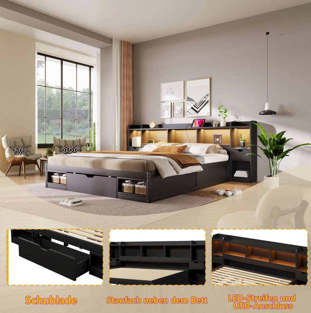 Letto matrimoniale 180x200 cm con LED, USB e cassetti nero