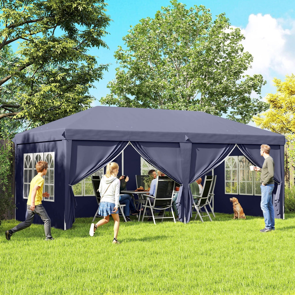 Gazebo 6x3 m Pieghevole da Giardino, in Acciaio e Poliestere con 6 Pannelli Laterali, Blu