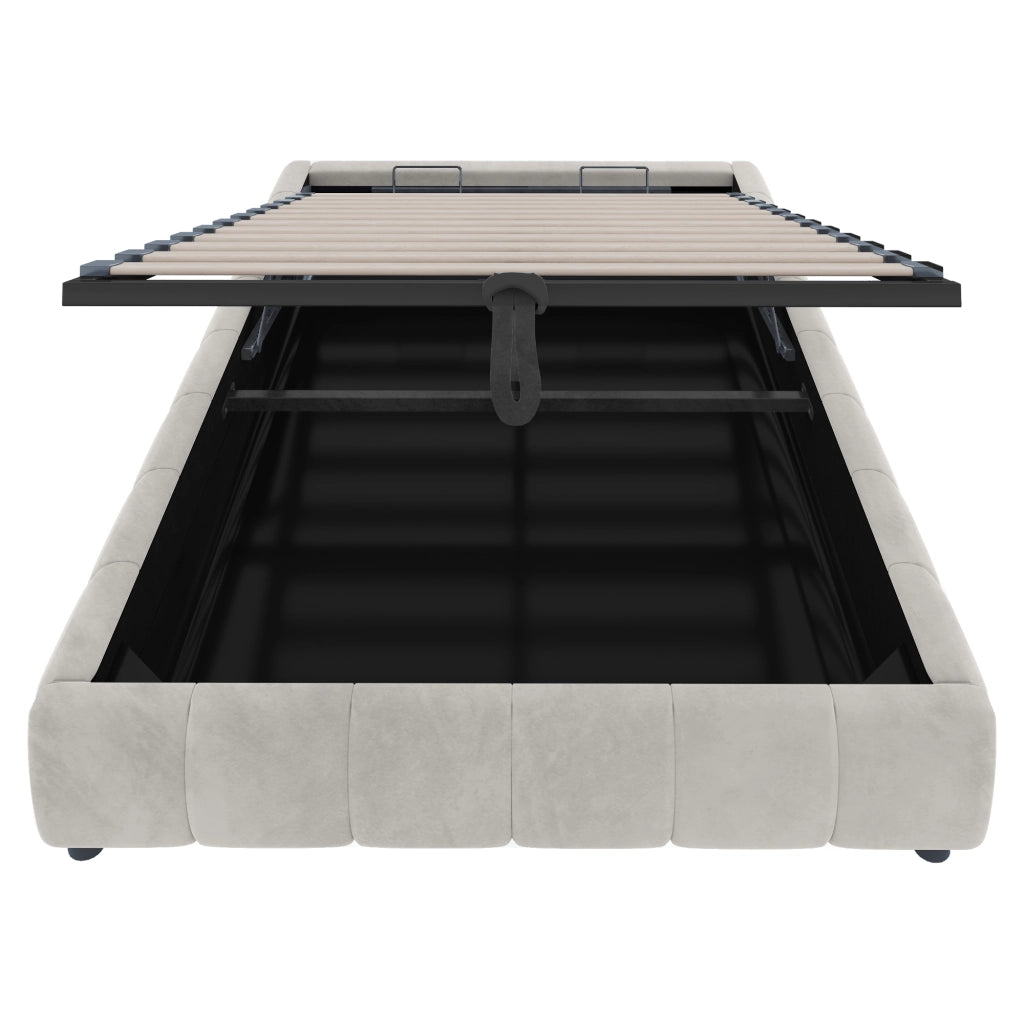Letto Contenitore 140 x 200 cm; Letto Singolo; LED e contenitore idraulico; Beige