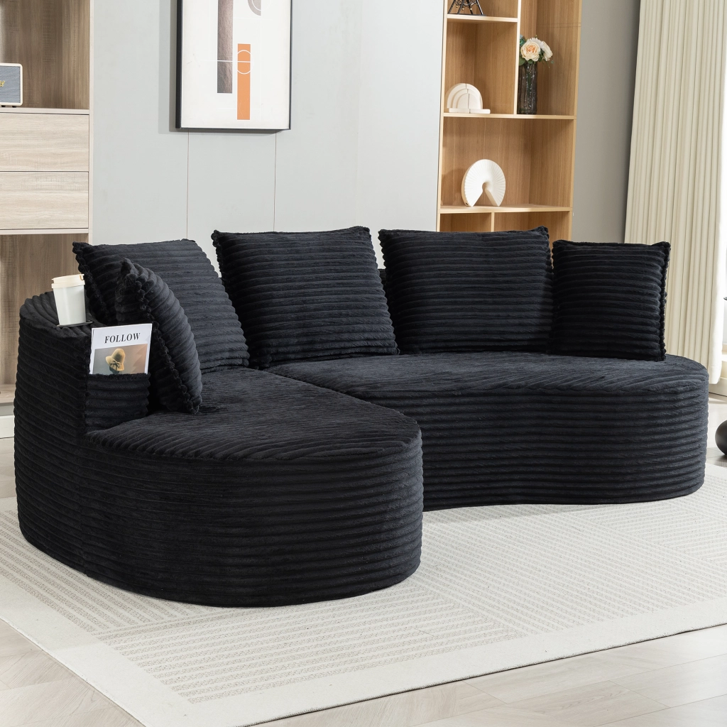 Divano curvo in velluto a coste, con portabicchieri e tasche laterali, 250×152×82 cm, nero