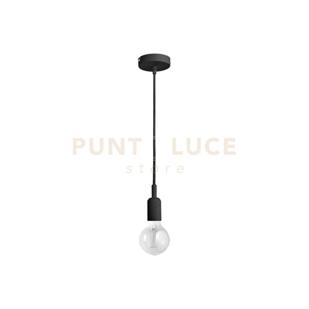 GSO071- PENDENTE FLUTE CAVO IN STOFFA E ROSONE NERO 1 LUCE ATTACCO E27 D.4,2CM