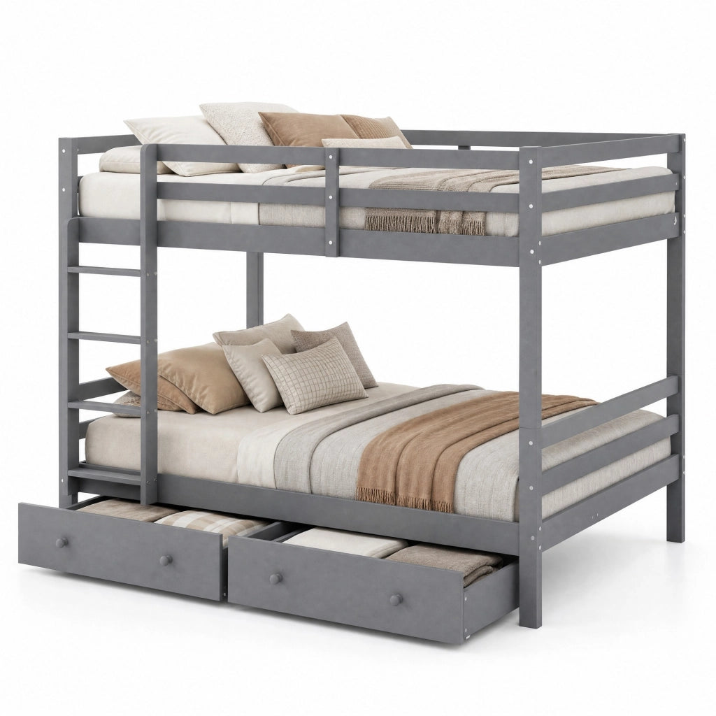 Letto a castello in legno di pino e MDF 140x200 cm grigio con cassetti e scala