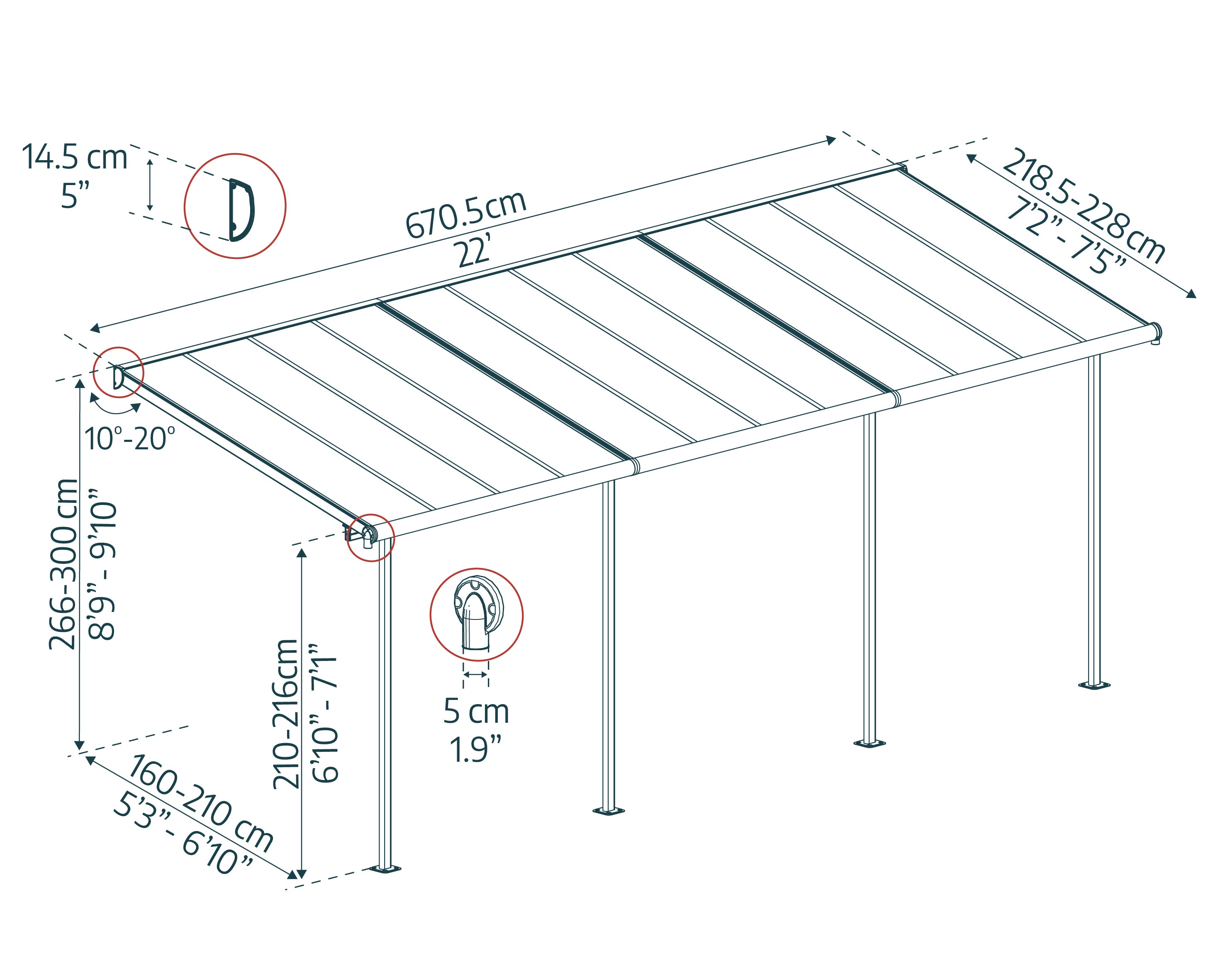 Pergola Sierra Addossata in Alluminio  2.3X6.7 m Grigio