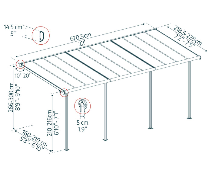 Pergola Sierra Addossata in Alluminio  2.3X6.7 m Grigio