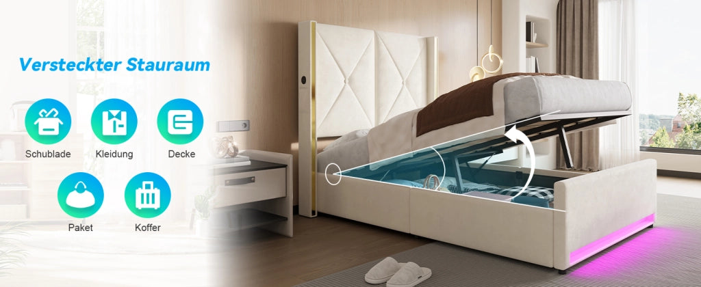 Letto imbottito in velluto beige 90x200 cm con testiera alta, tasche laterali, USB/Type-C, LED e contenitore
