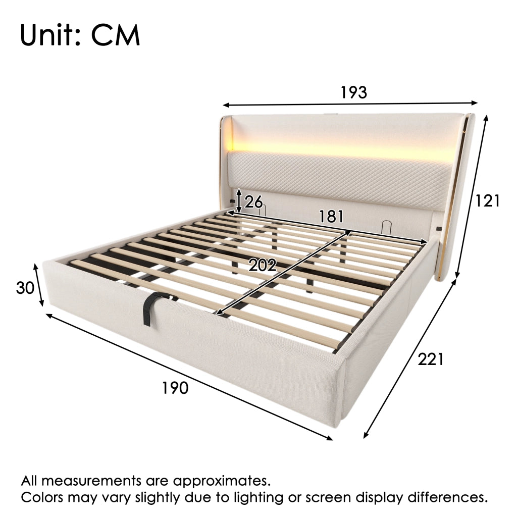 LETTO matrimoniale idraulico 180x200 cm beige in lino con LED e porte USB/Type-C