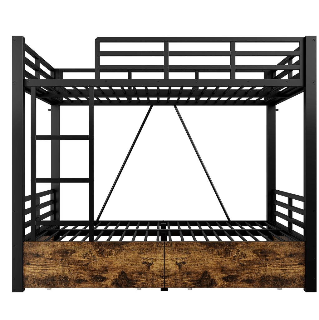 Letto a castello 140x200 cm con cassetti; scala e sponde in metallo e legno nero