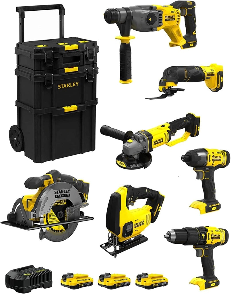 STANLEY FatMax Kit SVK708 (SFMCH900 + SFMCG400 + SFMCD711 + SFMCF800 + SFMCS500 + SFMCS600 + SFMCE500 + 3 Batterie 2,0 Ah + Caricabatteria + Caddy 3in1)