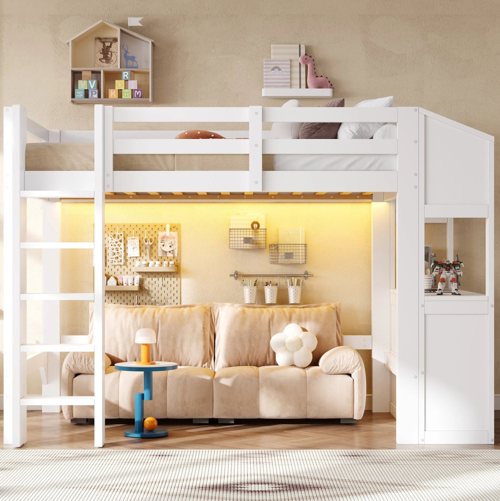 Lettino a soppalco 90x200 con 3 cassetti; ripiani e LED; bianco
