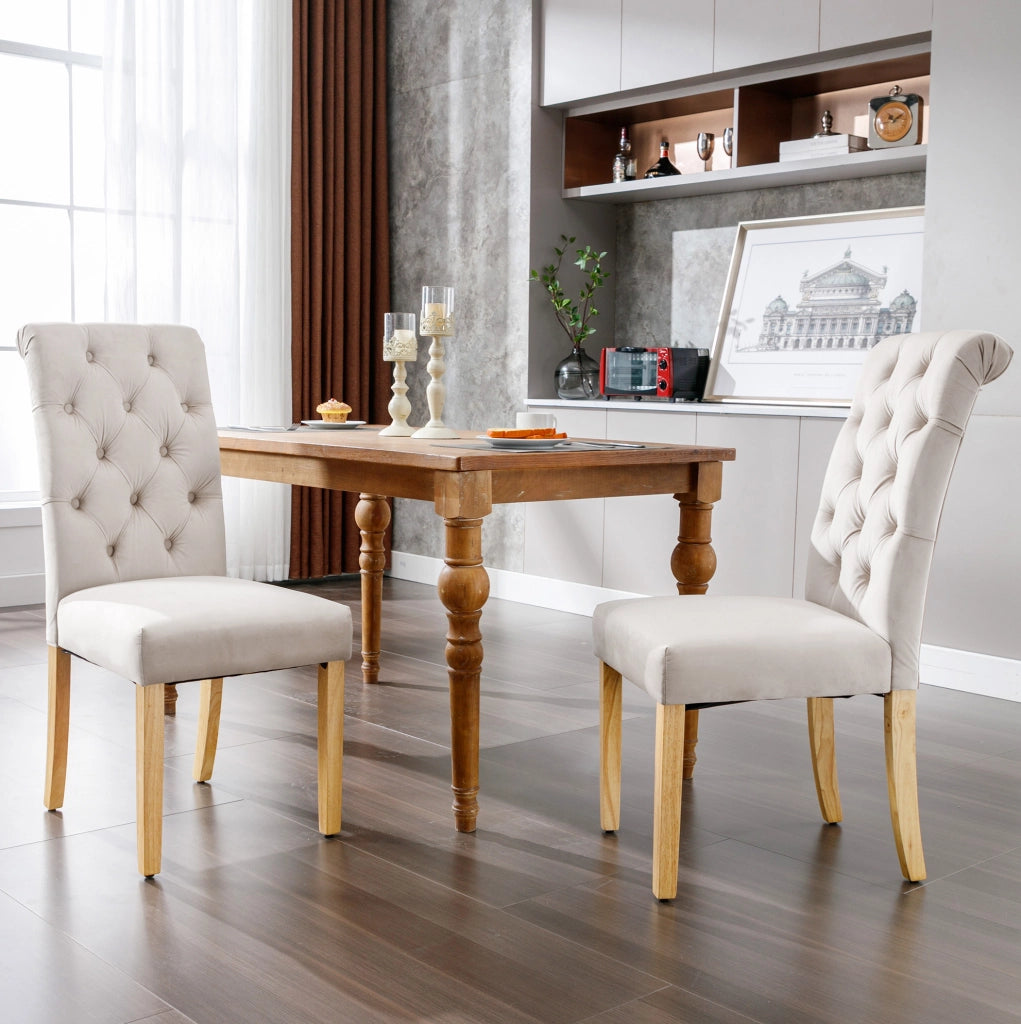 Set di 2 sedie da pranzo in velluto beige con gambe in legno di quercia