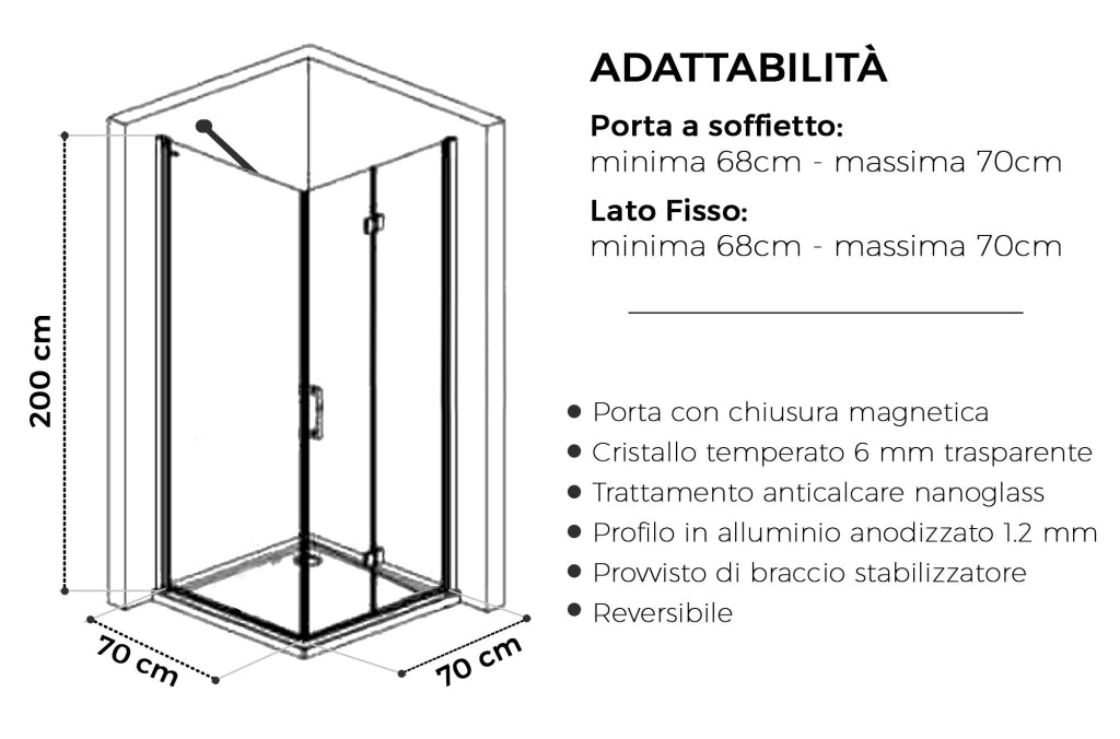Box doccia Angolare 70x70 cm porta a soffietto + fisso H200 cm cristallo 6 mm profilo CROMATO ZAIRA