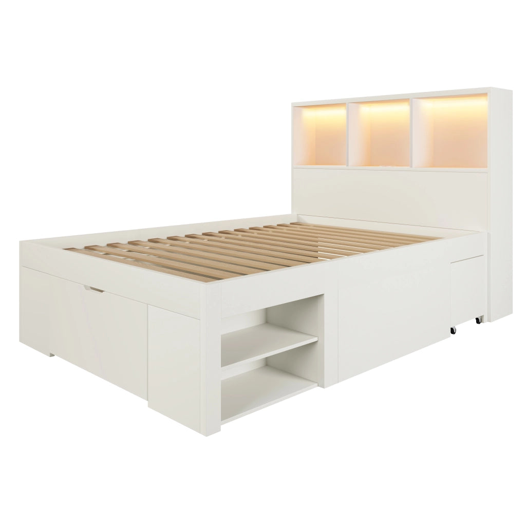 Letto per bambini 90 x 200 cm, spazio contenitivo, comodino incluso, illuminazione a LED, USB/Type-C, con cassetto, bianco