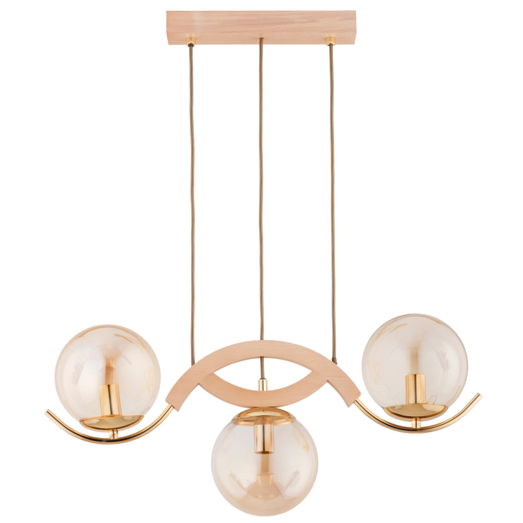 Lampadario LIMA Alfa legno a barra, 3 sfere ambra E14