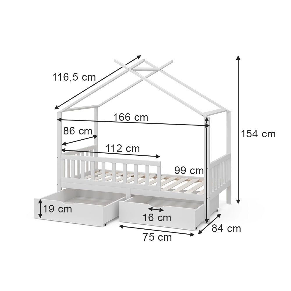 Vitalispa Letto montessori bambini Bianco 80x160 cm con 2 cassetti e materasso