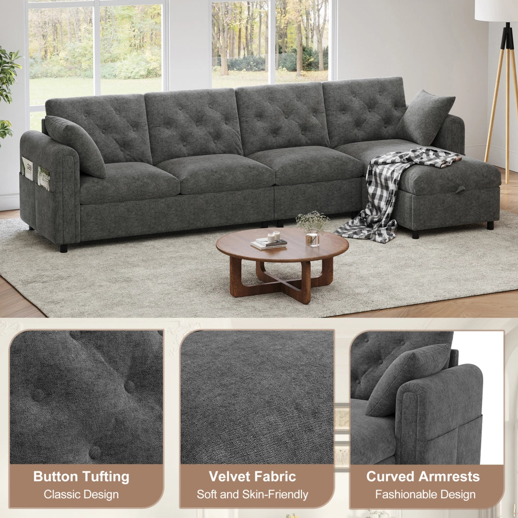 Divano angolare letto con vano contenitore e configurazione reversibile in velluto grigio