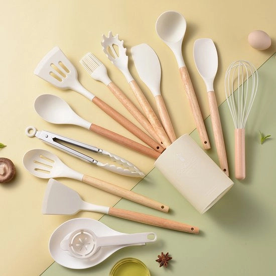 Set di accessori da cucina in silicone, 14 pezzi, con contenitori di stoccaggio, bianco.