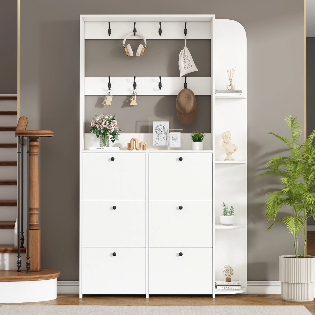 Garderoba da ingresso salvaspazio 120 x 24 x 200 cm con 8 ganci, 6 scarpiere a ribalta e 4 ripiani laterali, bianco