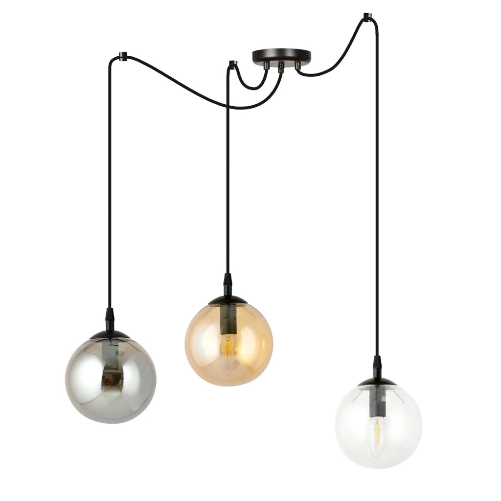 Lampadario 3 Luci Ginevra In Acciaio Nero Con Cavo Lungo E Vetri Multicolor