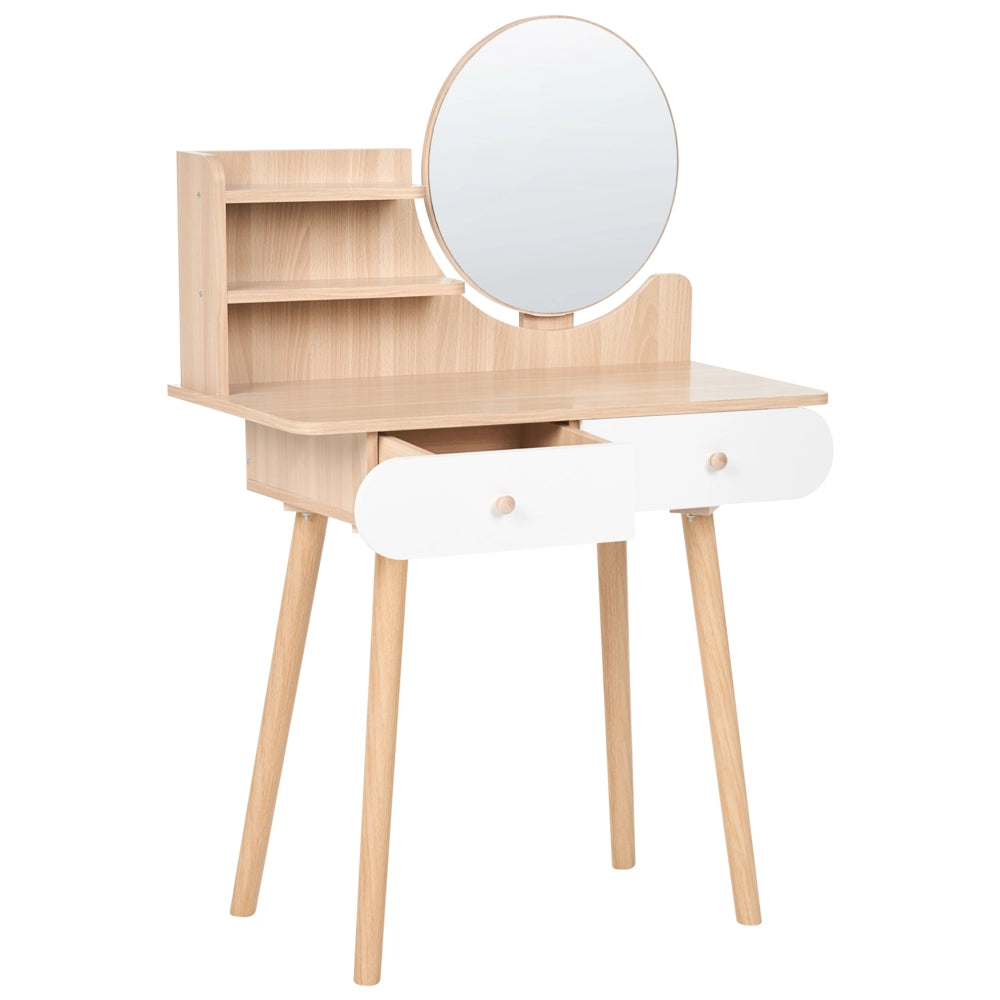 Toeletta in MDF bianco con specchio rotondo, 2 cassetti finitura decorativa effetto legno design scandinavo camera da letto