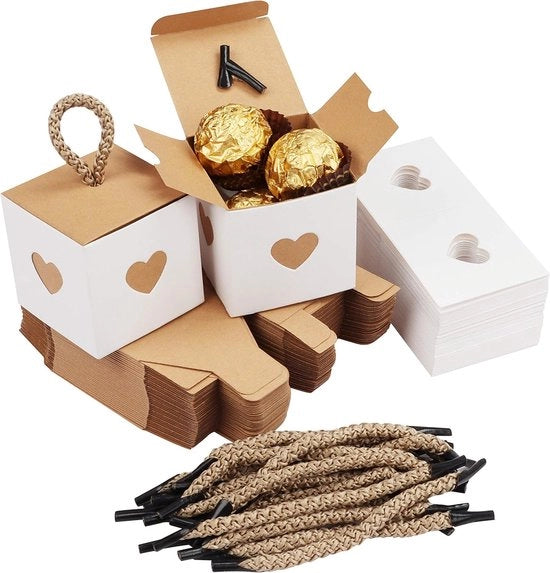 contiene 50 scatole da regalo per matrimonio, con 50 scatole interne marroni e 50 scatole esterne bianche, incluse 50 cinghie per trasporto. Dimensioni: ogni scatola da regalo è lunga 14 cm x 14 cm.