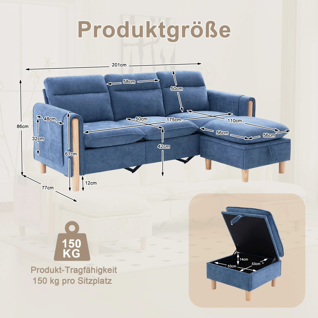 Divano angolare reversibile in chenille con pouf contenitore e tasche laterali in legno massello blu