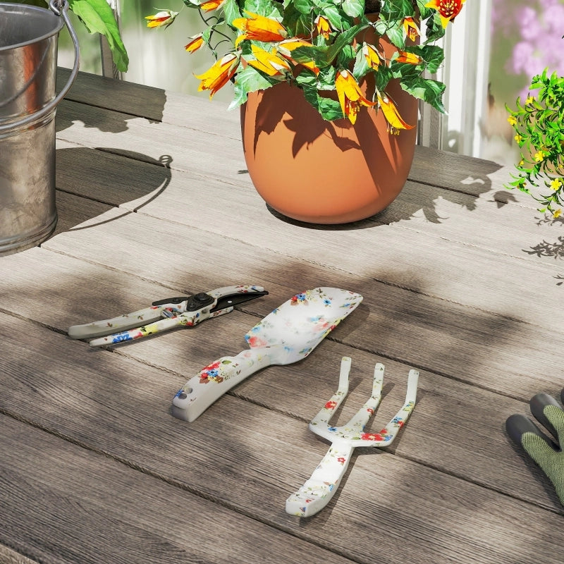 Set da giardinaggio 3 pezzi in alluminio multicolore con cesoie, paletta e rastrello manuale