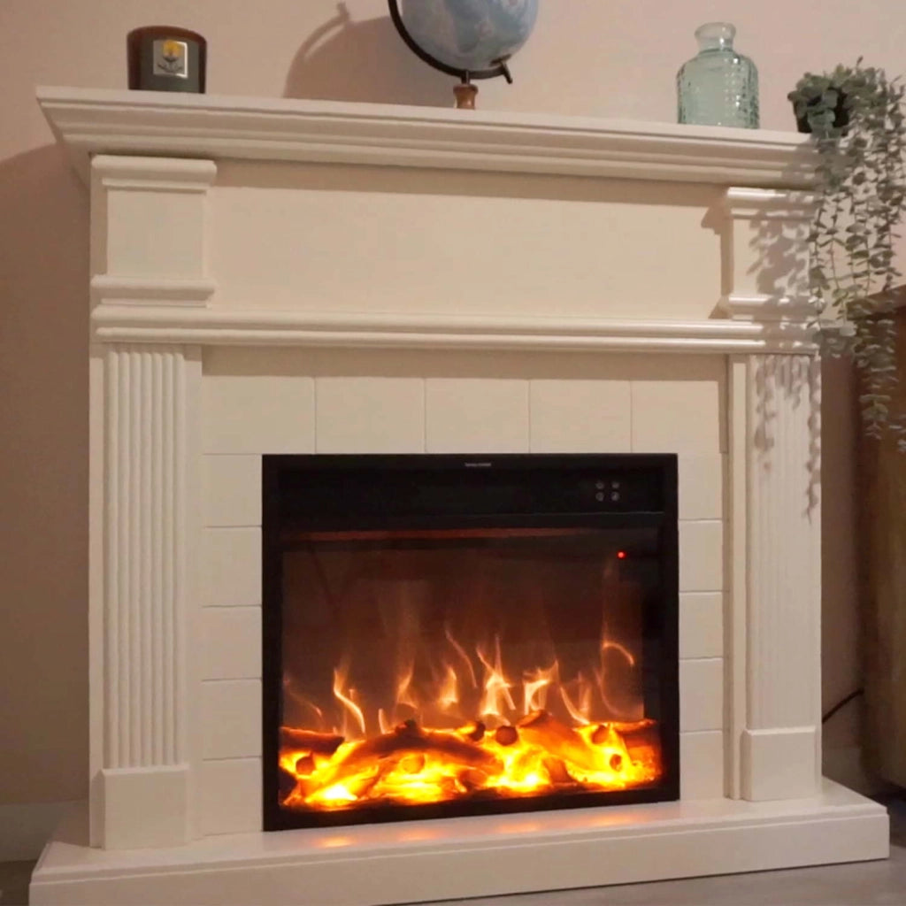 Caminetto Fuego Omar Blanco 1500w a Parete Con Cornice Telecomando e Bruciatore Bianco Crema