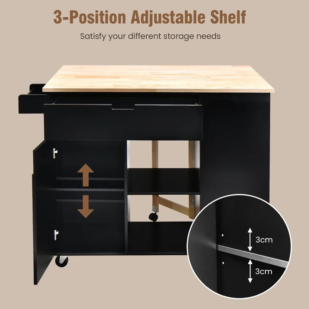 Carrello da Cucina a Isola in Legno, Carrello di Servizio con Piano di Lavoro Estraibile, Mobile da Cucina con Cassetto, Ripiano Regolabile, Carrello da Cucina a Isola (Nero)