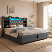 Letto imbottito ULEVR 140x200 cm con contenitore idraulico, LED, USB e Type-C, testiera con ripiani, grigio