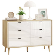 Cassettiera con 6 Cassetti in Legno per Camera da Letto. 110x40x75 cm. Bianco Lucido e Rovere