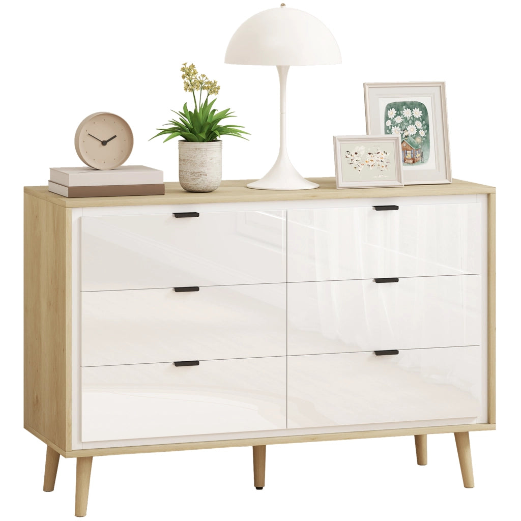 Cassettiera con 6 Cassetti in Legno per Camera da Letto. 110x40x75 cm. Bianco Lucido e Rovere