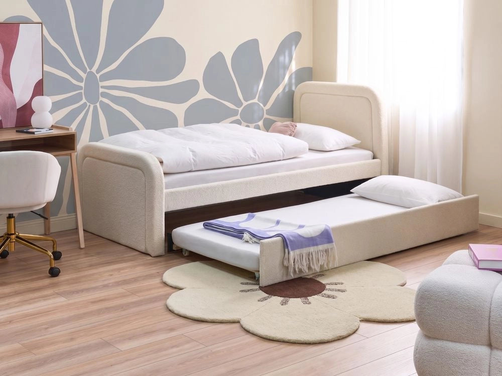 Letto singolo con secondo letto a scomparsa in tessuto Boucle 90 x 200 cm con rete a doghe rivestimento trapuntato beige chiaro camera da letto cameretta