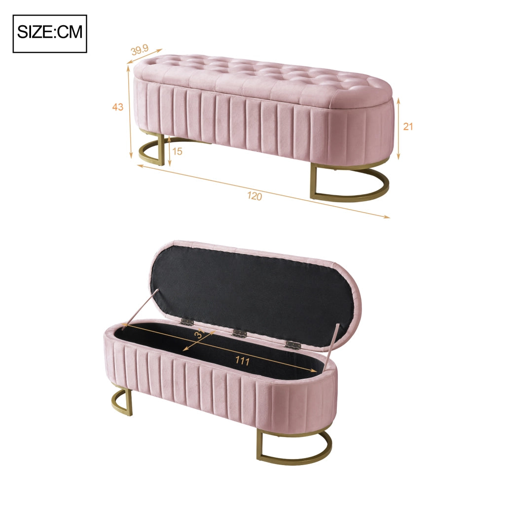 Pouf contenitore imbottito 120 x 39,9 x 41,9 cm in velluto rosa con gambe in metallo