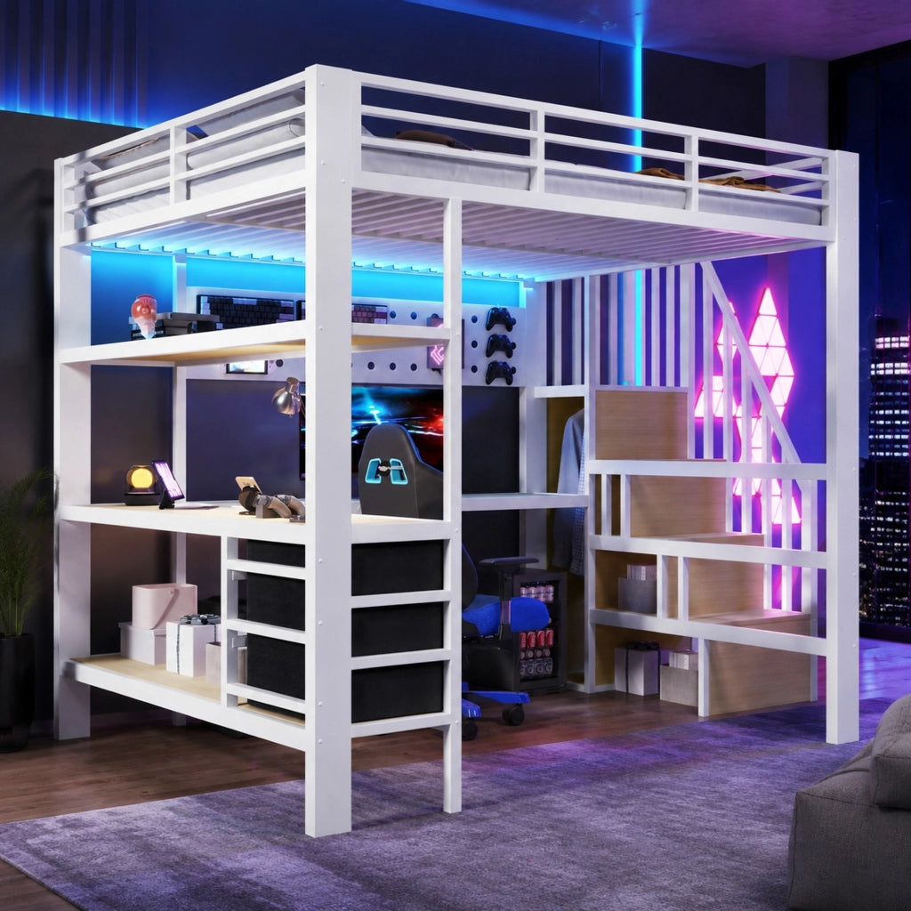 Letto a soppalco 140x200 cm con scrivania, LED e cassetti
