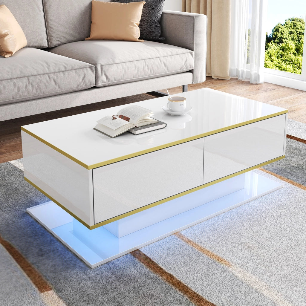 TAVOLINO DA CAFFÈ 100x50x40 cm Bianco lucido Oro con LED e 3 cassetti