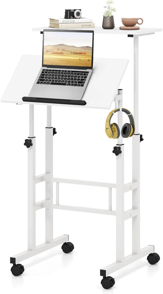 Scrivania regolabile in altezza, scrivania per computer, scrivania da disegno con ruote, scrivania mobile con 2 workstation separate, tavolo da lavoro per PC (bianco)