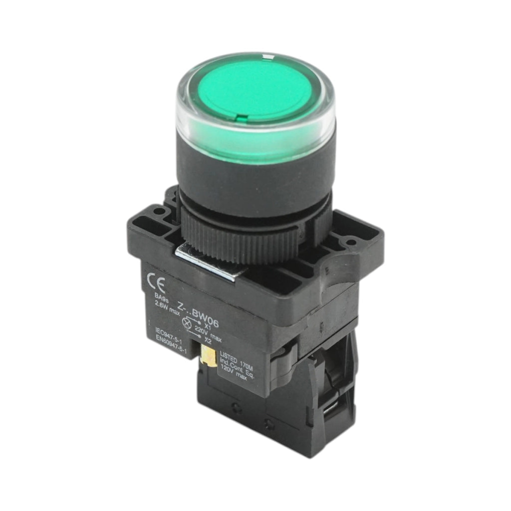 Pulsante indicatore LED verde con resistenza integrata 1NO, 220V, LAY5 Breckner Germany