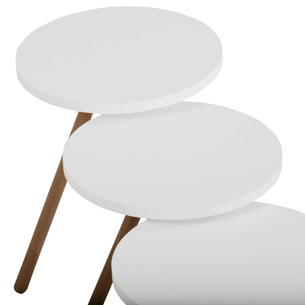 Set di 3 Tavolini Bassi da Salotto 'Hjørring' in Altezze Diverse con Piani Rotondi e Treppiede in Faggio - Bianco [en.casa]