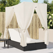 Lettino Prendisole con Tetto e Tende Nero in Polyrattan 368072