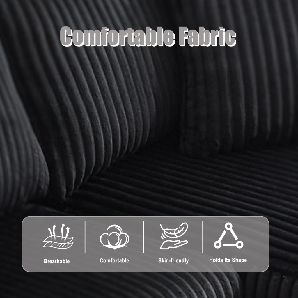 Divano Modulare con Chaise Longue e 2 Posti, Tasche Laterali, Porta Bicchieri, in Corduroy Nero
