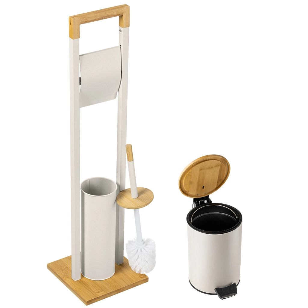 Set da bagno KADAX beige con cestino, portarotolo e scopino.