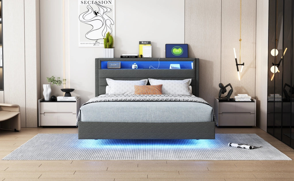 Letto matrimoniale – 140x200 cm – USB LED testiera reversibile – lino grigio