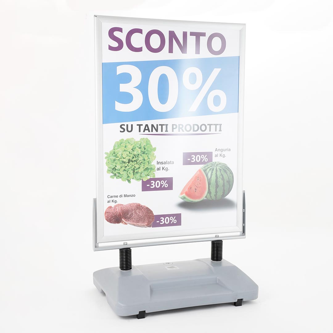 Espositore Pubblicitario Bifacciale con Ruote 100x140 cm in Alluminio da Esterno Antivento Silver