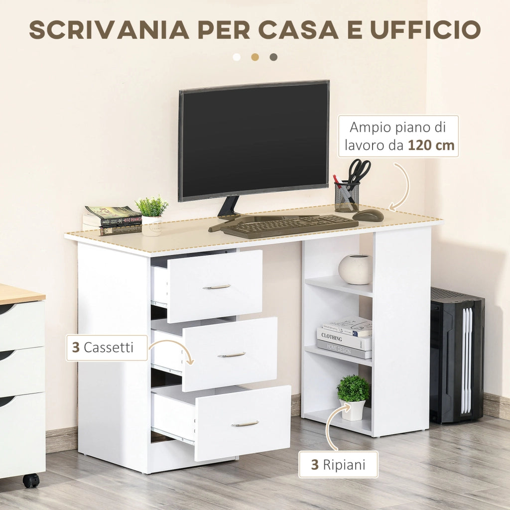 Scrivania con 3 Cassetti e 3 Ripiani ¨C zephmum ¨C Legno 120x49x72cm Bianco