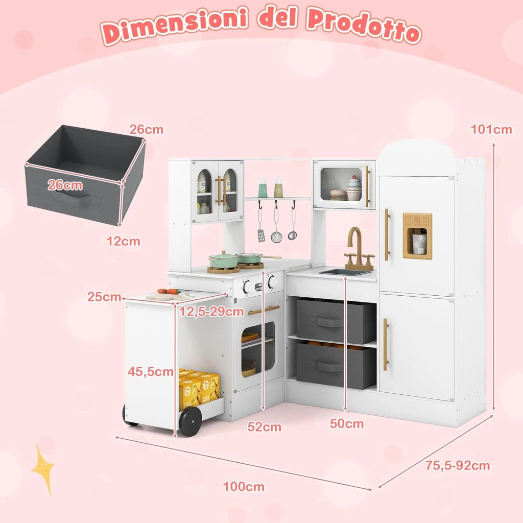 Cucina Giocattolo Angolare in Legno, Set di Cucina Giocattolo per Bambini con Lavabo, Fornelli, Forno, Frigorifero, Macchina del Ghiaccio e Accessori, per Bambini 3 Anni+ (Bianco)