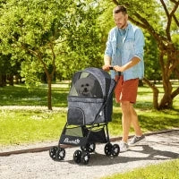 Passeggino per Cani con Cesto, Cuscino e 2 Guinzagli, in Acciaio e Tessuto Oxford, 81x48x99 cm, Nero e Grigio