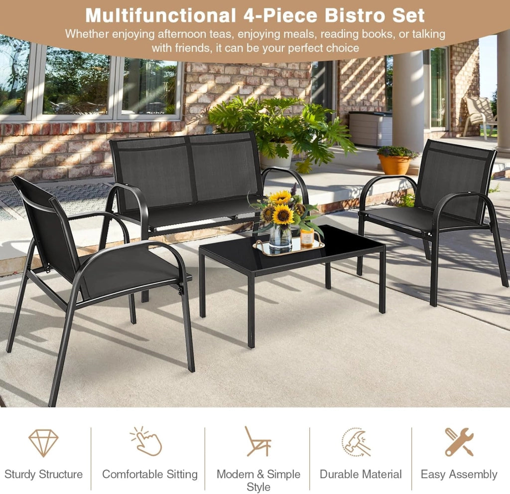 Set di 4 mobili da giardino con tavolino da salotto e panca da giardino e 2 sedie da pranzo, in textilene, set da 4 persone, mobili da giardino (Nero)