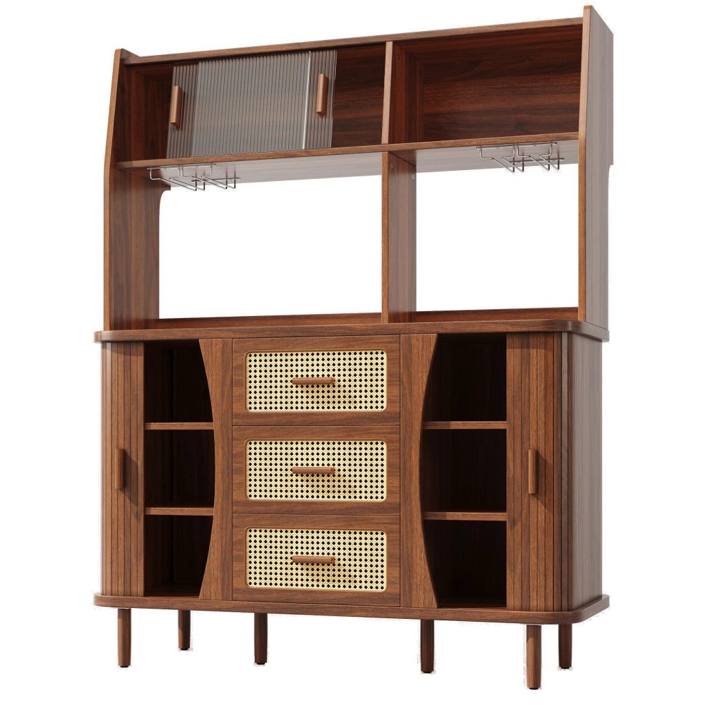 Credenza 140x40.5x174.5 cm con ante scorrevoli in vetro; 3 cassetti; MDF e metallo noce