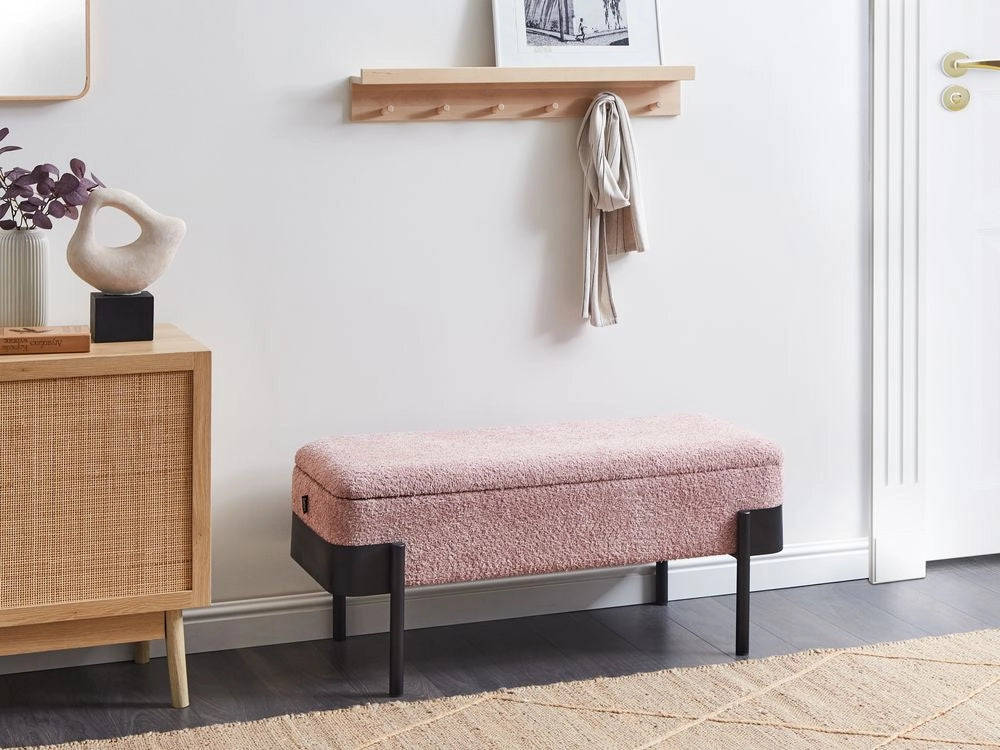 Panca per la camera da letto in tessuto poliestere rosa Rivestimento gambe nere Design cottage Mobili per il soggiorno in tinta unita